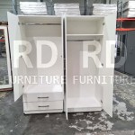 Pre-assembled three-piece set including a classic four-door mirrored wardrobe with two drawers, five-drawer chest, and bedside table set (White).